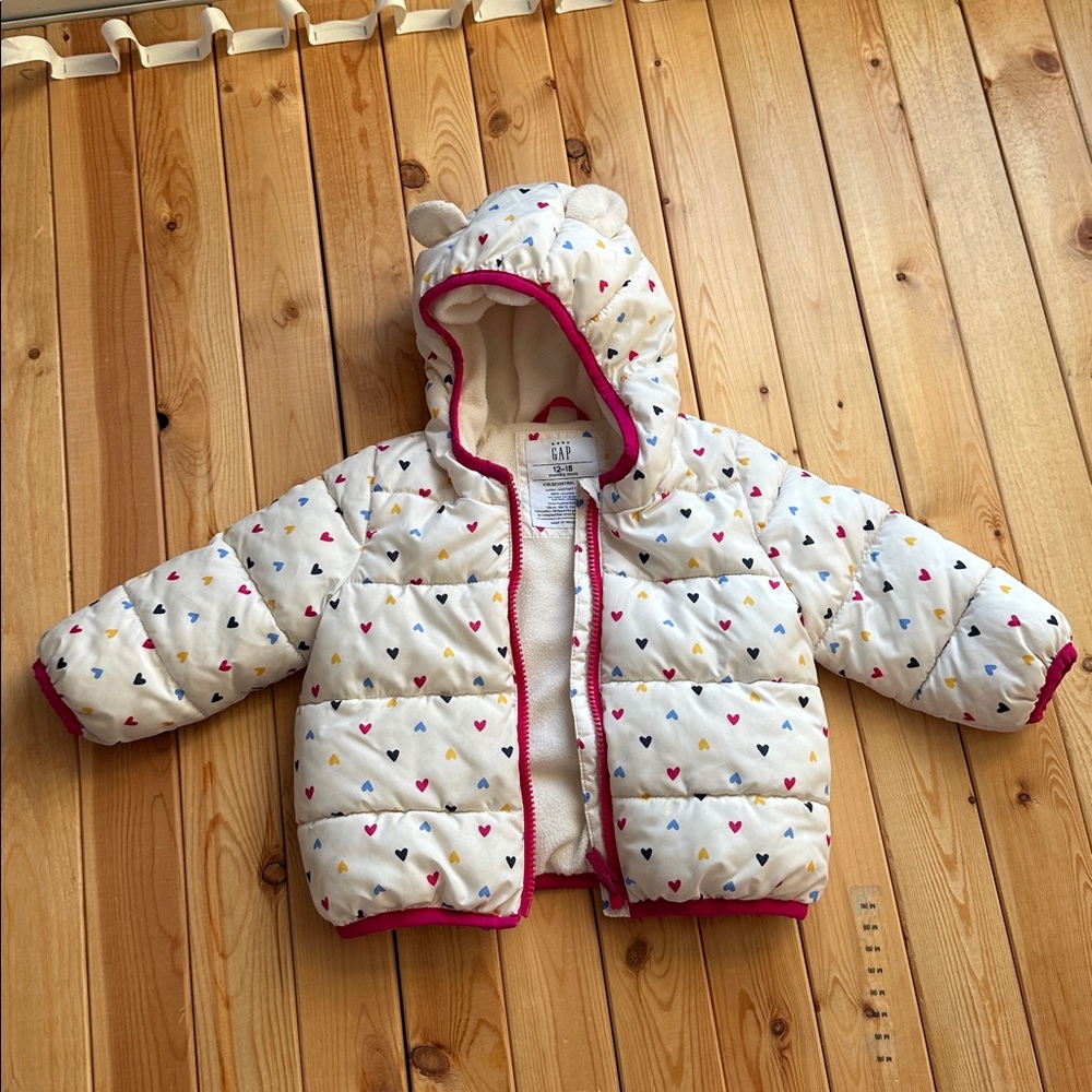 GAP Kids Cream Heart Puffer Jacket with Bear Ears rainbow hearts baby winter